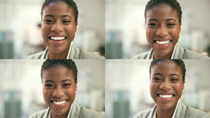 脸，业务和快乐的黑人女性在办公室，企业工作场所和公司。肖像，微笑和专业的非洲律师，律师和女工在尼日利