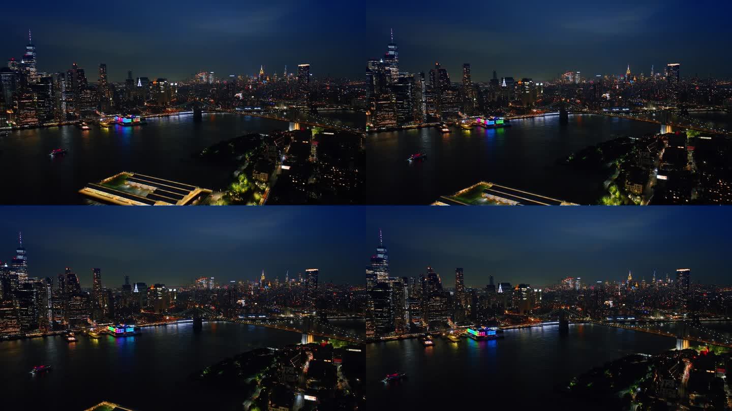 曼哈顿市区的摩天大楼。纽约夜景鸟瞰图。