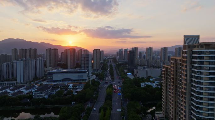 浙江台州城市日落风光航拍