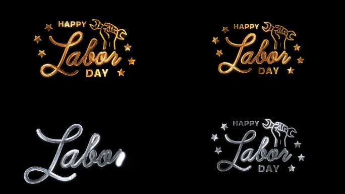 劳动节快乐的文字动画在黑色背景上的豪华金色。劳动节快乐美利坚合众国的概念，为横幅，饲料，故事
