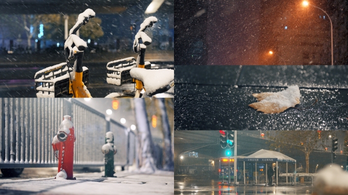 冬天城市下雪夜景街道氛围