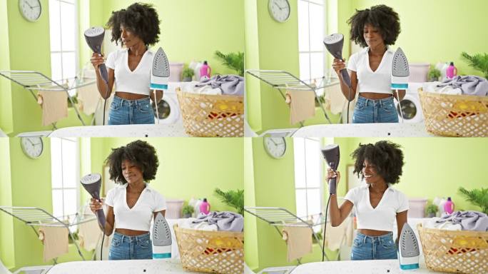 非裔美国妇女在洗衣房选择熨烫机