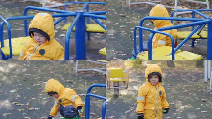 初学走路的孩子在秋季城市公园的儿童游乐场旋转木马上