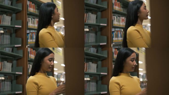 漂亮女孩选书，站在公共图书馆。亚洲女学生准备大学入学看起来很有兴趣和动力，把课本盯在一边。教育，新知