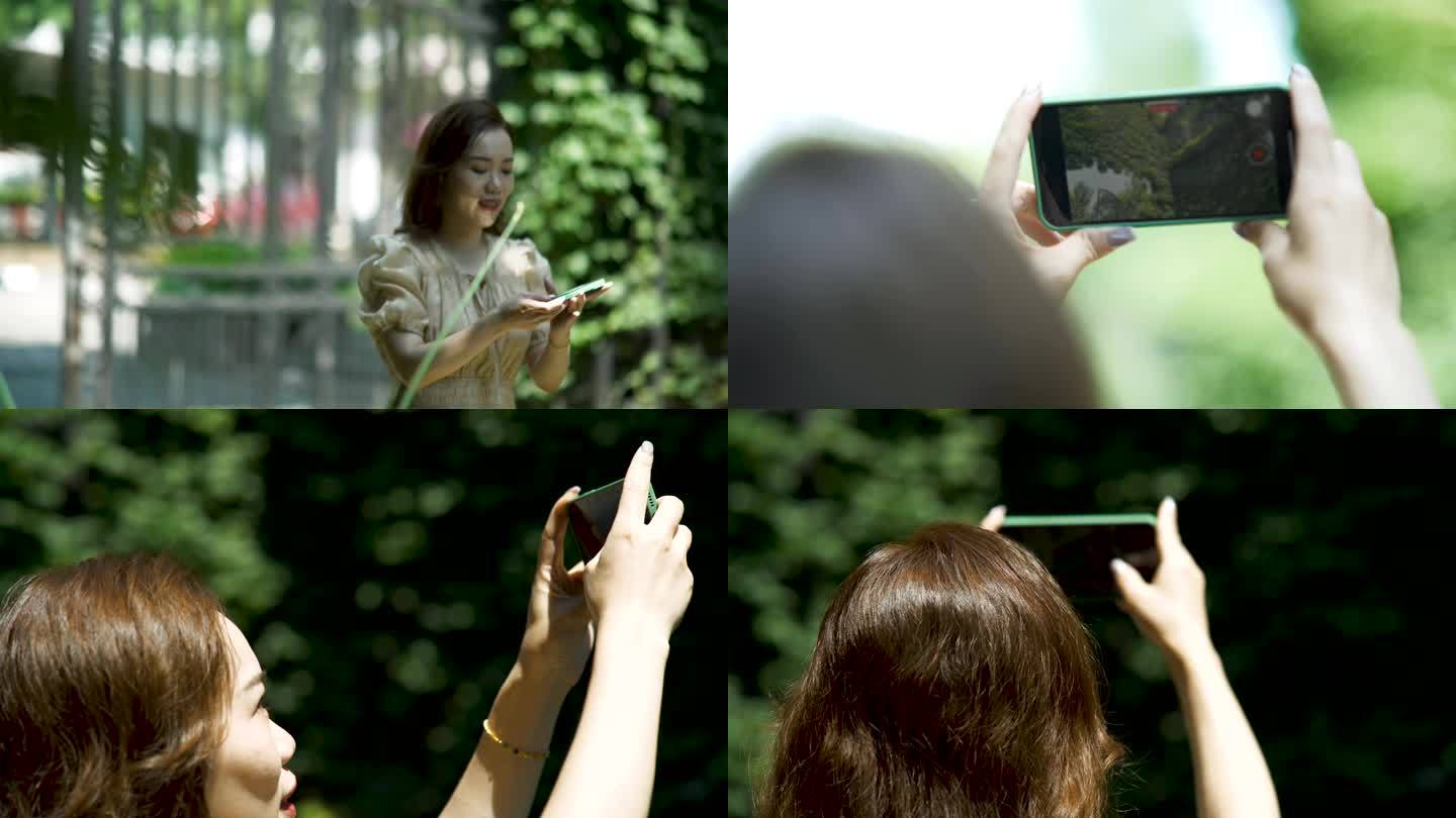 女人户外手机拍摄，森林建筑，爬山虎，拍摄