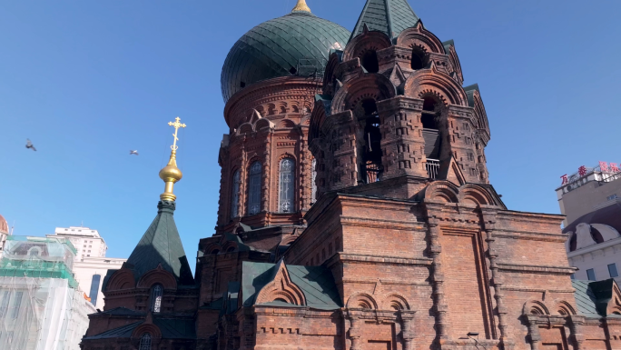哈尔滨地标航拍城市宣传索菲亚教堂欧陆风情