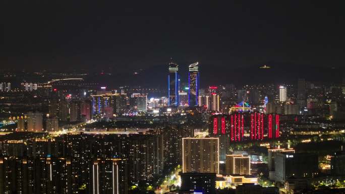 航拍湖州建筑桥梁双子塔喜来登夜景体育馆