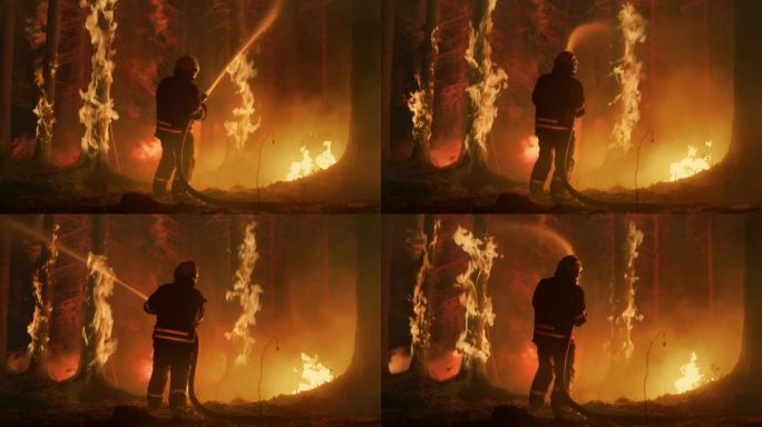 精英消防员用高压水龙带有条不紊地扑灭一场森林大火。消防员从无法控制的纵火中拯救荒地