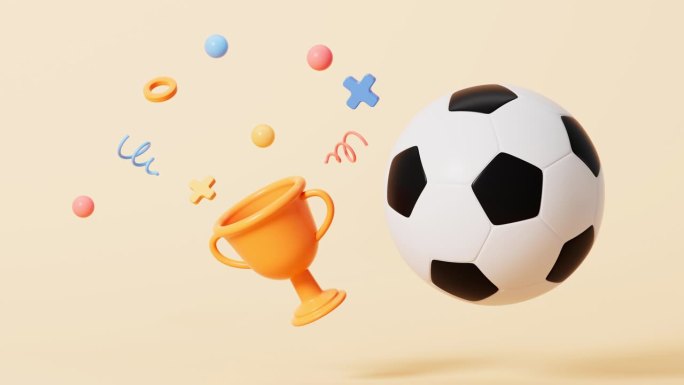 卡通足球和奖杯在黄色背景视频，3d渲染。