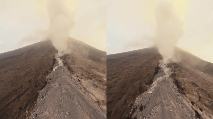 垂直视频4k。火山喷发高峰烟落石灾害爆炸