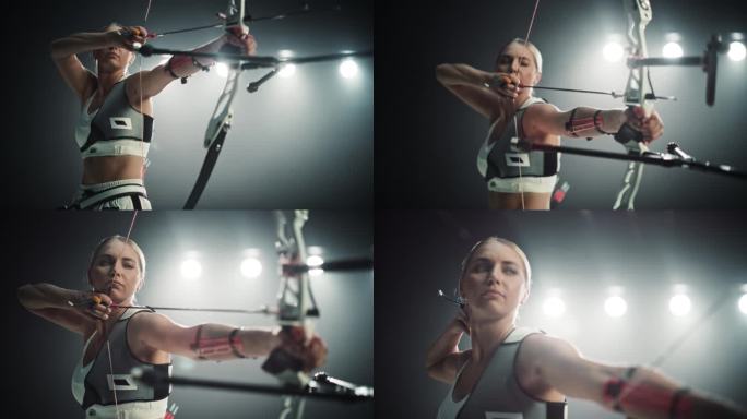 一名职业女弓箭手用现代复合弓瞄准目标射箭的电影肖像。强壮的运动员装备齐全，并配有胸部和手臂防护装置