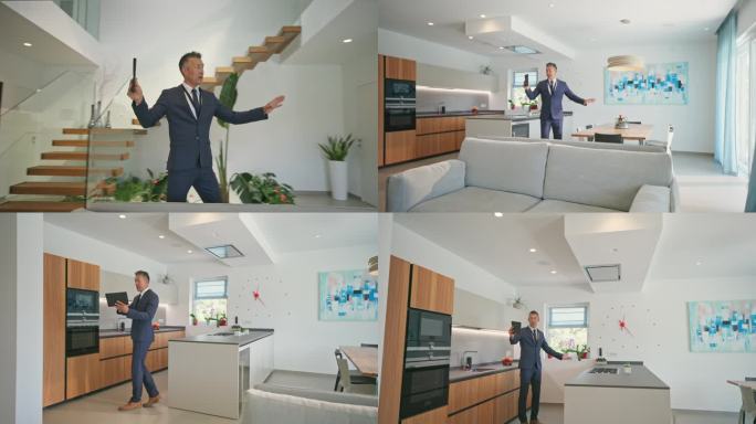 男性房地产经纪人在视频通话中用平板电脑展示一栋豪宅
