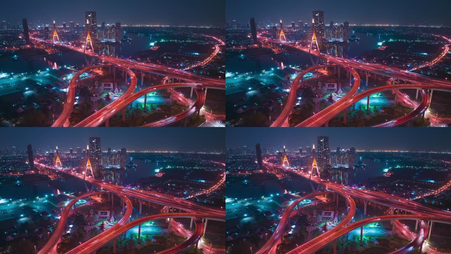 大桥夜间超缩鸟瞰图