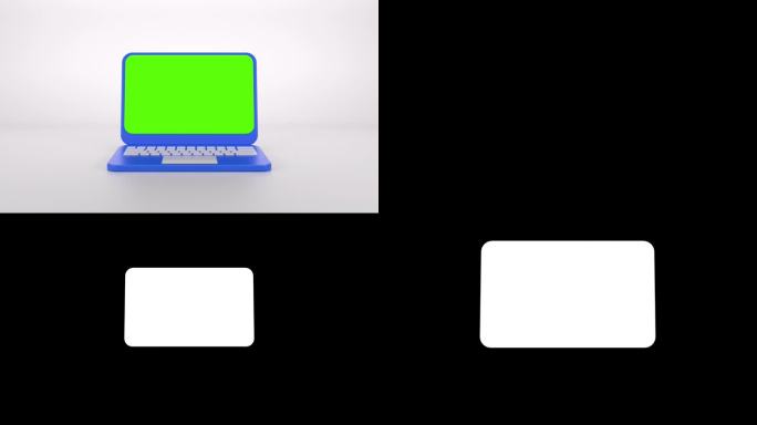 3d最小卡通风格的笔记本电脑，在白色背景下移动，打开绿色屏幕，并保持一秒钟。全屏放大。与屏幕阿尔法哑