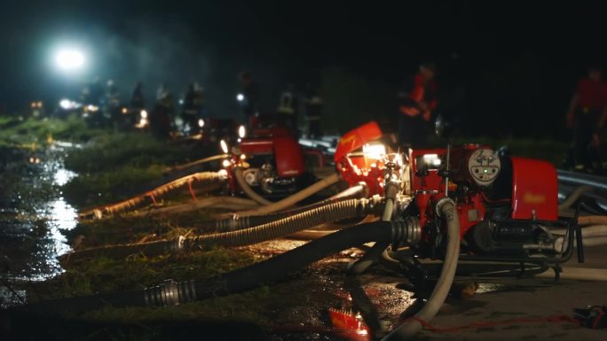消防队员在夜间通过坚固的管道和强力的消防水管网络抽水
