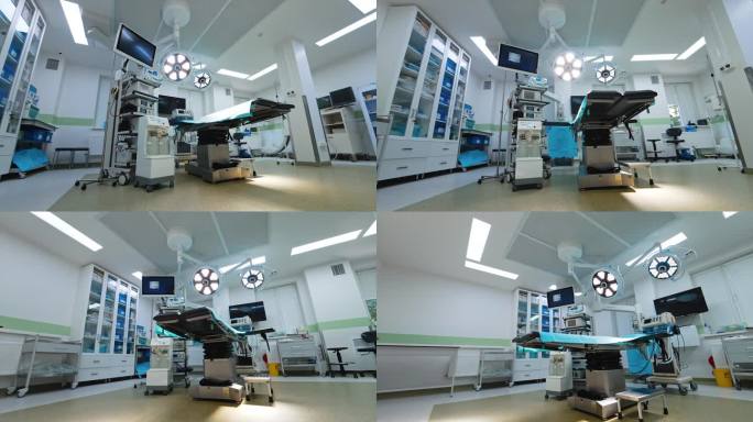 宽敞明亮的手术室。低角度观察操作台和周围的创新设备。