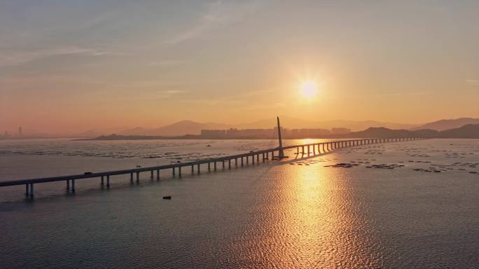 【正版素材】深圳湾大桥日出航拍0040