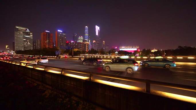 夜晚广州车流慢镜缓慢行驶城市交通