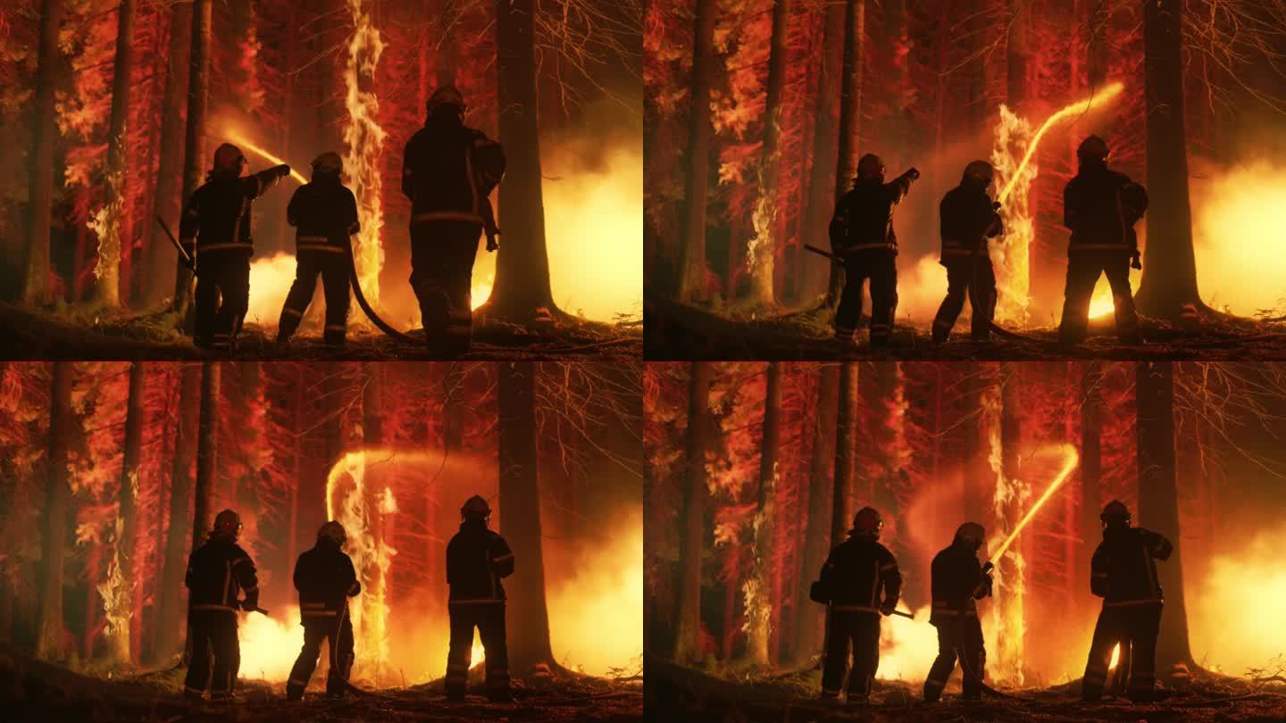 经验丰富的消防员扑灭森林深处的野火。穿着安全制服和头盔的专业人员在树林中喷水灭火