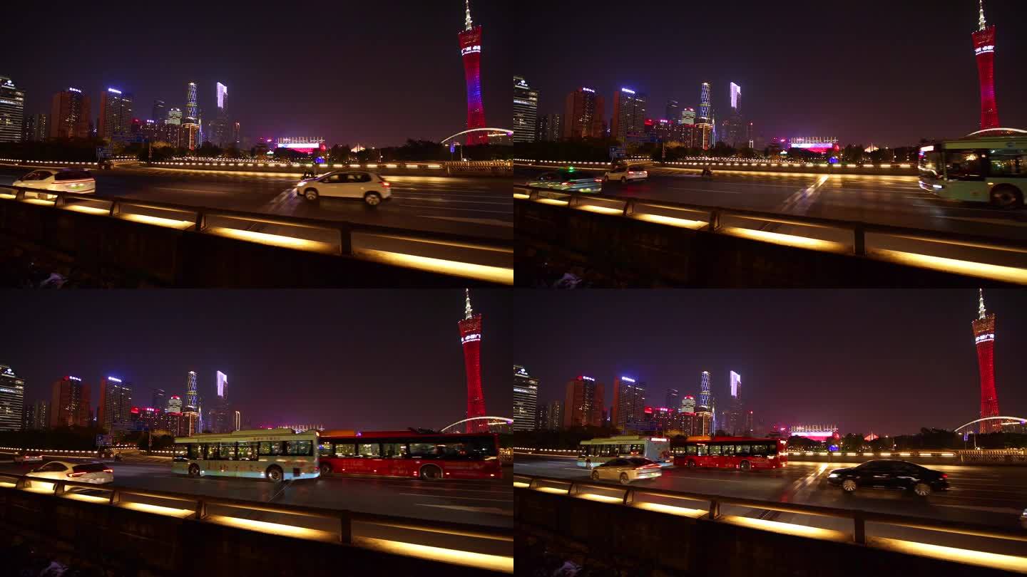 夜晚广州车流慢镜缓慢行驶广州大桥