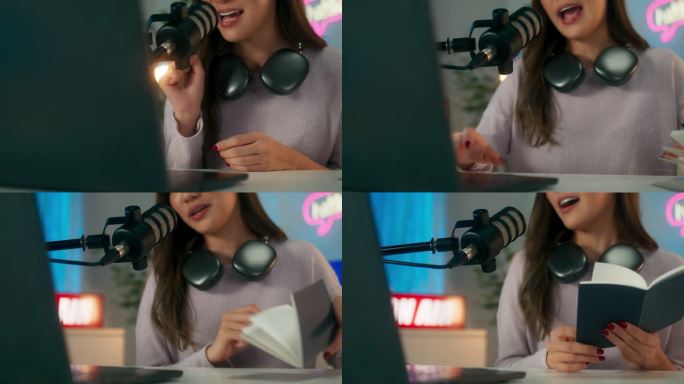 自信的年轻亚洲女性电台主持人或播客，戴着耳机，在麦克风上写笔记，在录音棚里运行播客