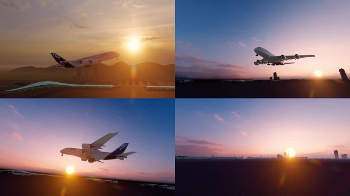 机场客机起飞日出太阳升起