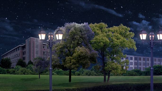 夜晚学校教学楼草坪动态背景