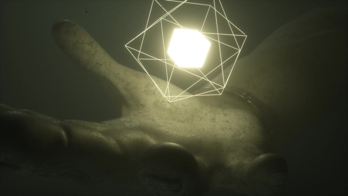 一个巨大的石头手掌握着一个未知的能量立方体的3d动画