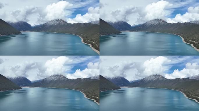 西藏林芝巴松措景区雪山湖泊森林航拍风光