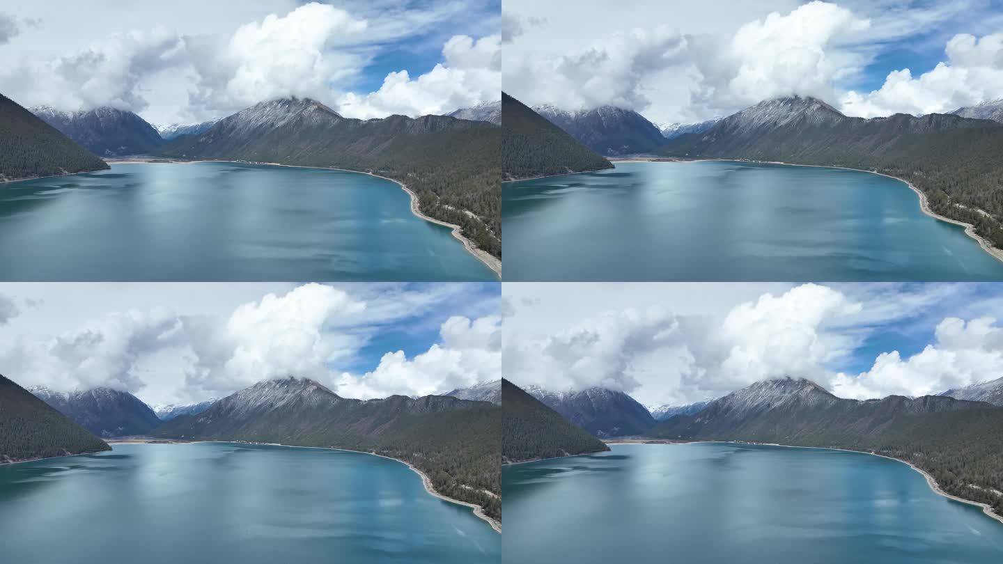 西藏林芝巴松措景区雪山湖泊森林航拍风光