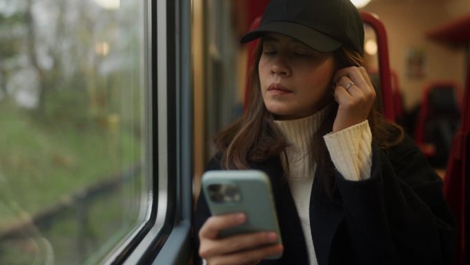 一位女游客坐在窗边放松，用手机听着她最喜欢的歌曲。