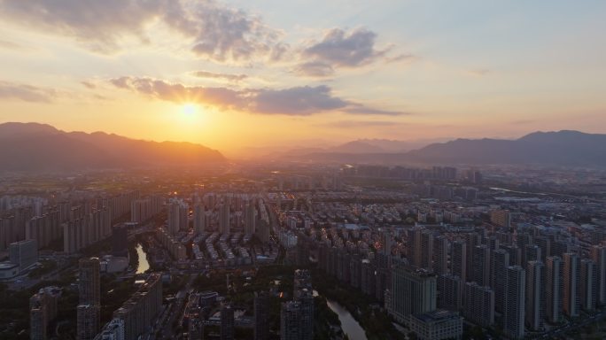 浙江台州城市日落风光航拍