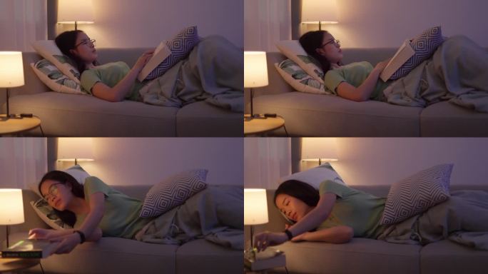 一位患有抑郁症和睡眠障碍的年轻亚洲女性在晚上睡觉前读书以改善她的生活。