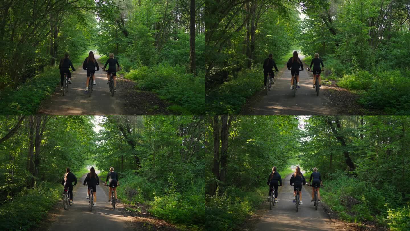 夏日清晨，三名女性在森林中骑行，体育运动与健康生活方式