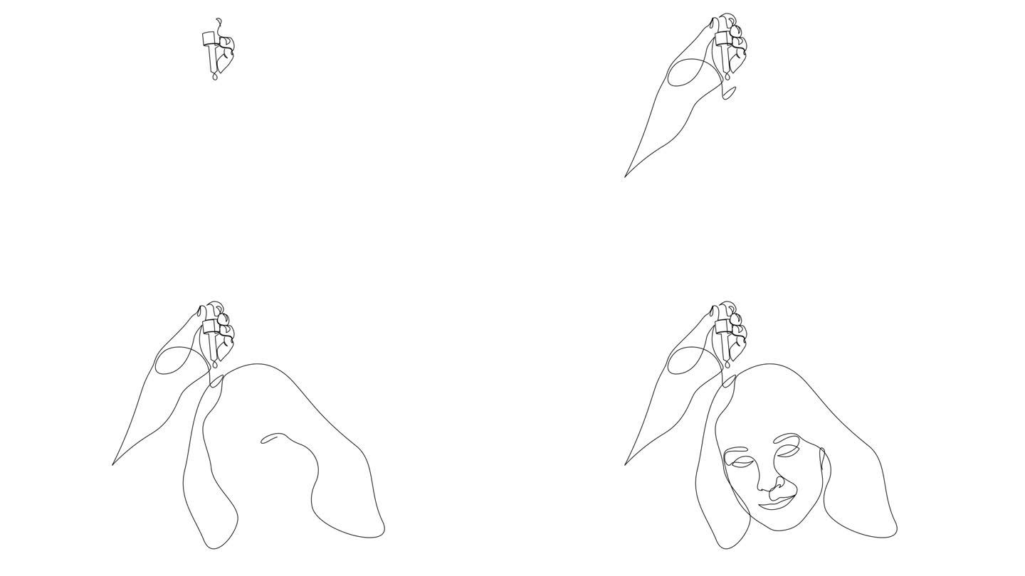 动画自绘制单线连续绘制手持移液器与药物脱发和秃顶。将护发油精华涂抹在女性头皮上。全长一行动画。