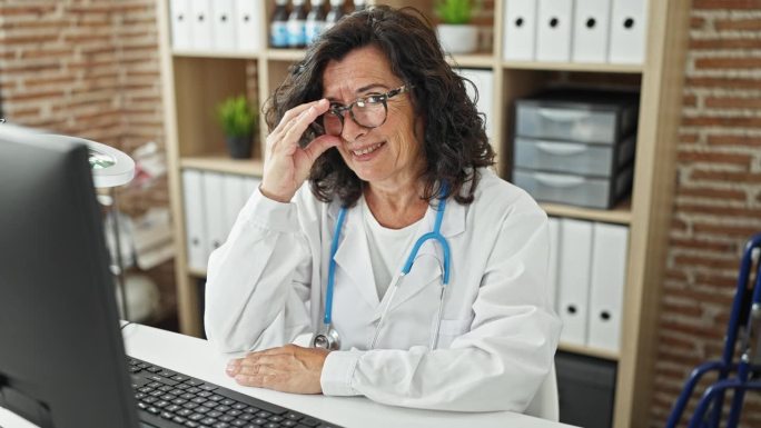 中年西班牙女医生坐在桌子上摘掉了诊所的眼镜