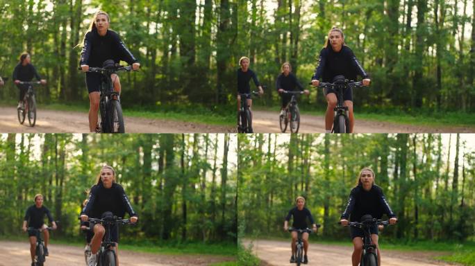 快乐的夏日在大自然，女孩朋友骑自行车在森林在阳光明媚的早晨，女士自行车