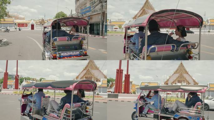 体验曼谷的魅力:年轻夫妇的冒险之旅与地标，当地出租车，和微笑。