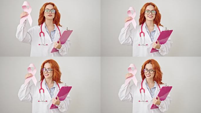 年轻的红发女医生手持乳腺癌意识粉色缎带和剪贴板在孤立的白色背景