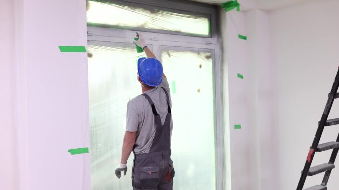 施工人员用白色喷漆粉刷PVC窗层