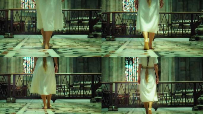 虔诚的女人穿着白色粗麻布衣服赤脚走在教堂里。