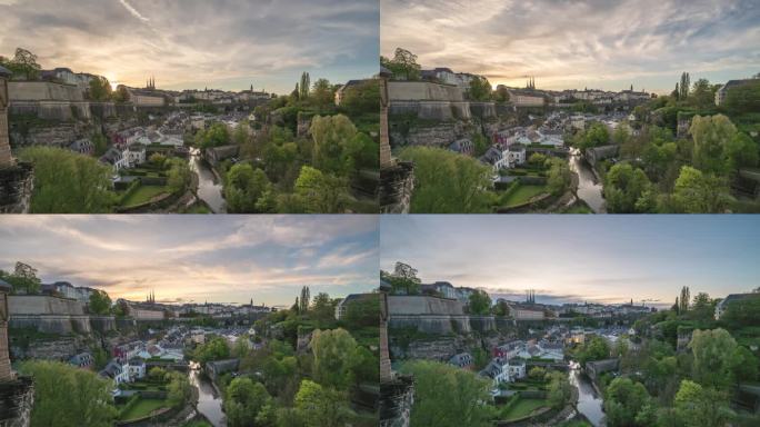 卢森堡大公国4K延时拍摄，卢森堡历史悠久的老城区阿尔泽特河沿岸的城市天际线日夜日落延时拍摄