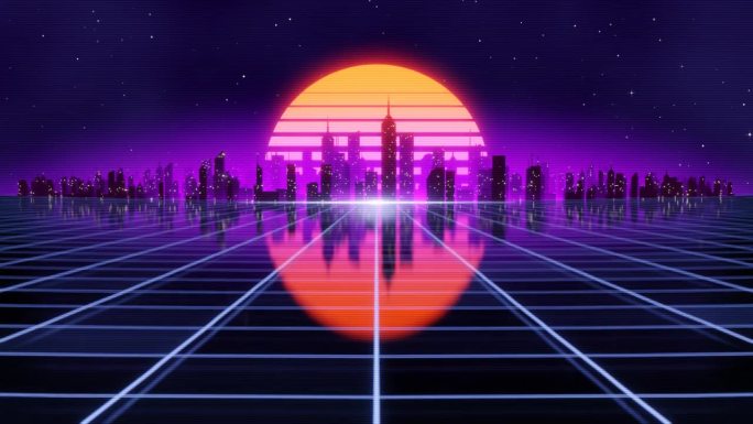 复古未来的80年代风格的循环动画与夜晚的城市背景。Synthwave无缝循环赛博朋克城市景观的音乐视