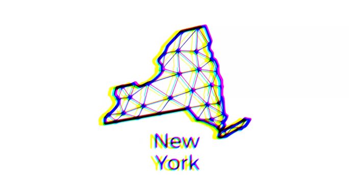 纽约州地图动画在多边形风格与故障效果，4k分辨率视频，美国各州运动图形