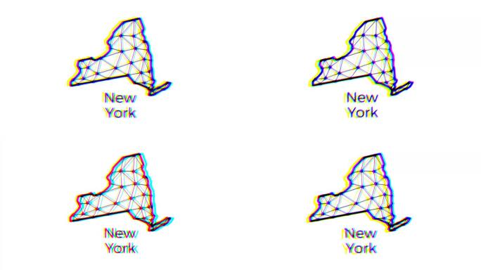 纽约州地图动画在多边形风格与故障效果，4k分辨率视频，美国各州运动图形