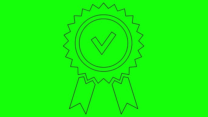 动画黑色线性符号质量标志。质量标志。批准或行认证的图标。矢量插图隔离在绿色背景上。