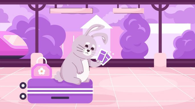 旅客兔在站台卡哇伊低保真动画卡通背景