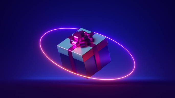 循环3d动画，霓虹灯戒指和圣诞礼盒悬浮和旋转无休止的蓝色背景。未来主义节日极简壁纸