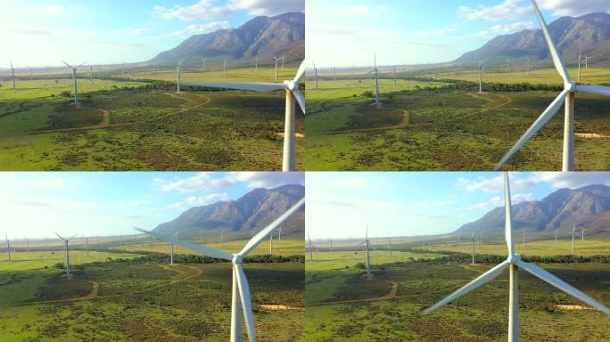 风车，农田和生态友好型能源在自然，农村或自然环境的可持续性。风力涡轮机在农业生产、生态或户外发电中拥