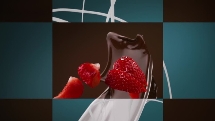 巧克力草莓和牛奶棋盘分屏溅落慢动作